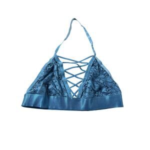 Iris Top Womens L Blue Lace Halter Lined Stretch Floral Sleeveless Adjustable